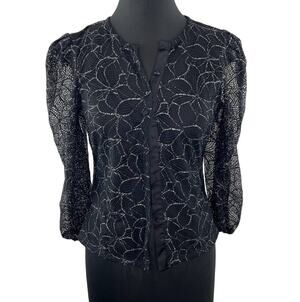 LINI Black Mesh Embroidered Long Puff Sleeve Blouse Silver Floral Button-Up S
